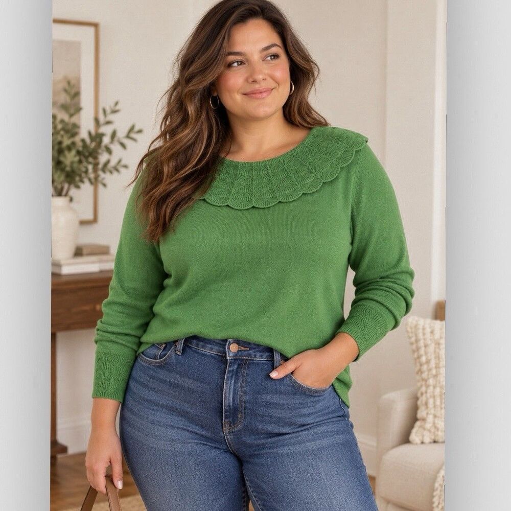 Boden Tie Back Collar Jumper Sweater US 20/22 Green Cotton Wool Scallop Knit